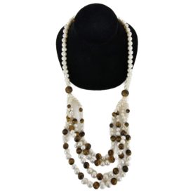 Pearl & Tiger's Eye Ball Necklace Graduated Four Strand 925 Sterling Silver Clasp 22 Inch