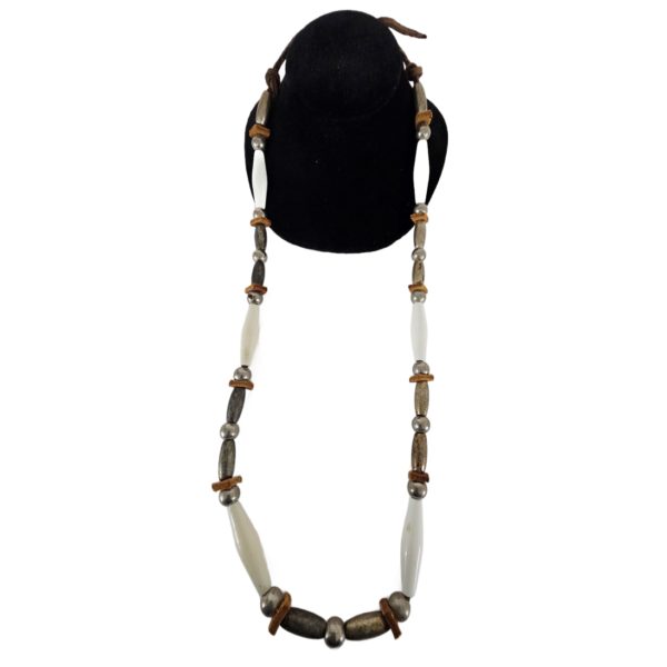 Vintage White & Silver Bead Leather Necklace 26 Inch