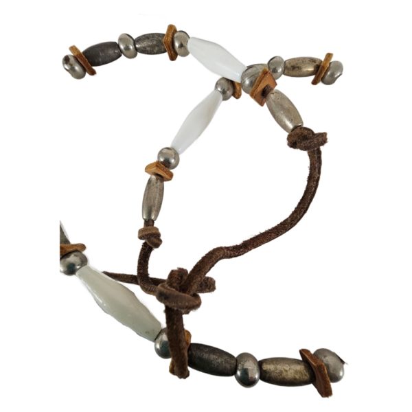 Vintage White & Silver Bead Leather Necklace 26 Inch