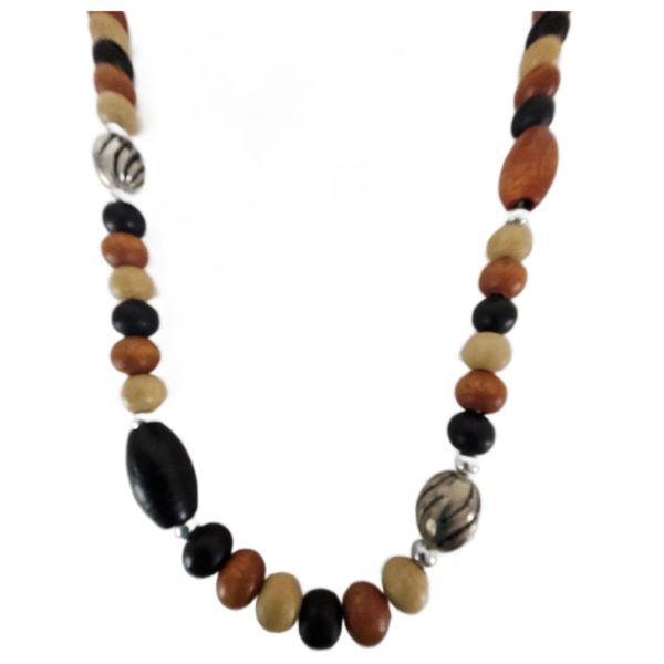 Black, Brown, Tan Natural Style Wood & Silvertone Bead Necklace 36 Inch