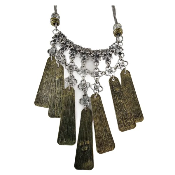Vintage Indian Aztec Hieroglyphic Brass & Silver Tone Medallion Necklace 34 Inch
