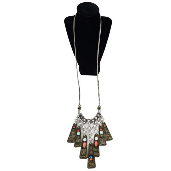 Vintage Indian Aztec Hieroglyphic Brass & Silver Tone Medallion Necklace 34 Inch