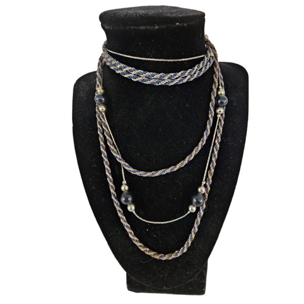 Vintage Black, Silver, Gold, Navy Blue Triple Strand Necklace 30 Inch