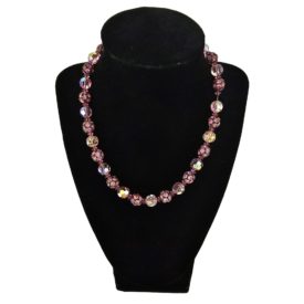 Gorgeous Pink Glass & Rhinestone Rondelle Beaded Necklace 16 Inch