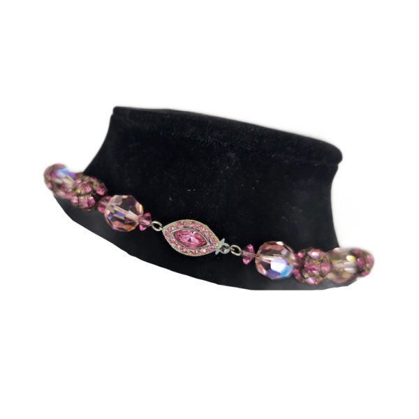 Gorgeous Pink Glass & Rhinestone Rondelle Beaded Necklace 16 Inch