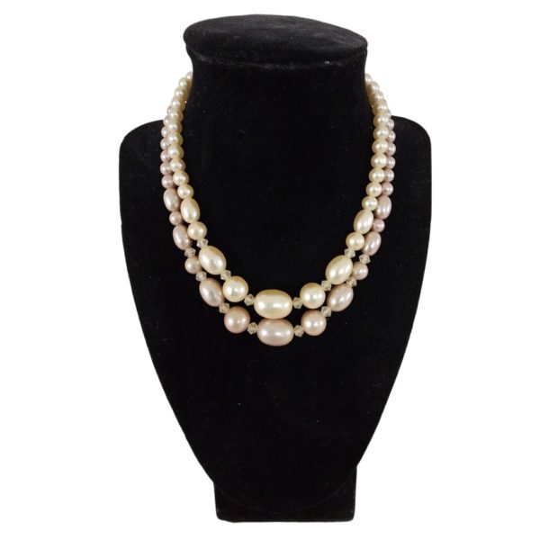 Vintage Double Strand Cream & Pink Faux Pearl Necklace Japan 14 Inch