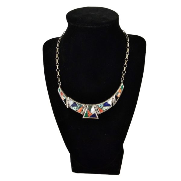 Vintage Teme Navajo Native American Indian Sterling Precious Stone Inlay Necklace 17 Inch