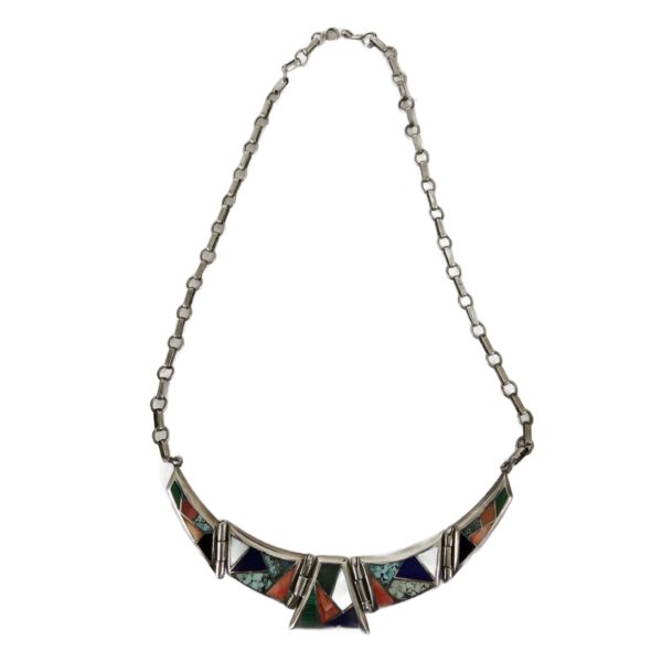 Vintage Teme Navajo Native American Indian Sterling Precious Stone Inlay Necklace 17 Inch