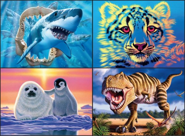Assorted Puzzles 4 Pack Bundle: 1996 F.X. Schmid Winters Splendor Cardinals 500 Piece ROUND Jigsaw Puzzle, 2 Puzzles Magic Kingdom and Red Dragons Lair 240 Piece Puzzles, Photomosaics Astronaut 500 Piece Jigsaw Puzzle, Ceaco Kids 4-in-1 Glow Zone Jigsaw Puzzle