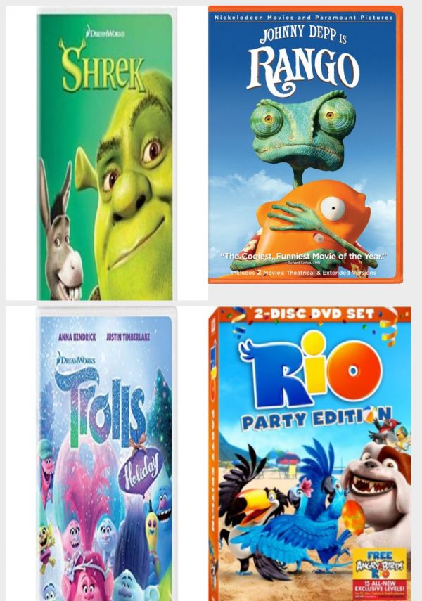DVD Children's Movies 4 Pack Fun Gift Bundle: Shrek - Abominable Fandango Cash Version, Rango, Trolls Holiday, Rio: Two Disc Party Edition