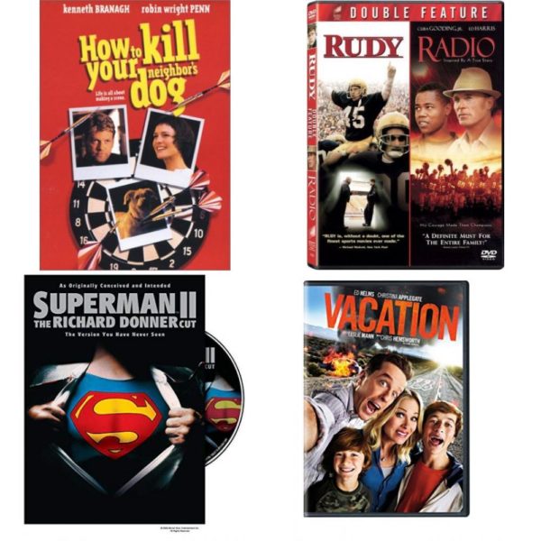 DVD Assorted Movies 4 Pack Fun Gift Bundle: How to Kill Your Neighbor's Dog  Rudy / Radio Double Feature  Superman II - The Richard Donner Cut  Vacation