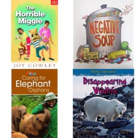 Children's Fun & Educational 4 Pack Paperback Book Bundle (Ages 6-12): HORRIBLE MIGGLE, THE Dominie Joy Chapter Books, Negative Soup, Our World Readers: Caring for Elephant Orphans: American English, Disappearing Wildlife Protect Our Planet