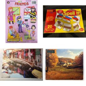 Assorted Puzzles 4 Pack Bundle: Playmore My Friends Our Heroes 12 Piece Frame Tray Puzzle, Clever Kids Match/Learn Spell It! 20 Pairs Hand-Eye Coordination Problem Solving, Venice 750 Piece Puzzle, Vintage Whitman Autumn In The Country 1000 Piece Puzzle