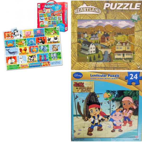 Assorted Puzzles 4 Pack Bundle: The Learning Journey: Jumbo Floor Puzzles - Animals - Extra Large Puzzle Measures 3 ft by 2 ft - Preschool Toys & Gifts for Boys & Girls Ages 3 and Up 881347, Heartland 1000 Piece Jigsaw Puzzle, Sunsout Koi Garden by Royce McClure Jigsaw Puzzle 500 Piece, Cardinal Disney Jake and The Neverland Pirates Lenticular 24 Piece Puzzle