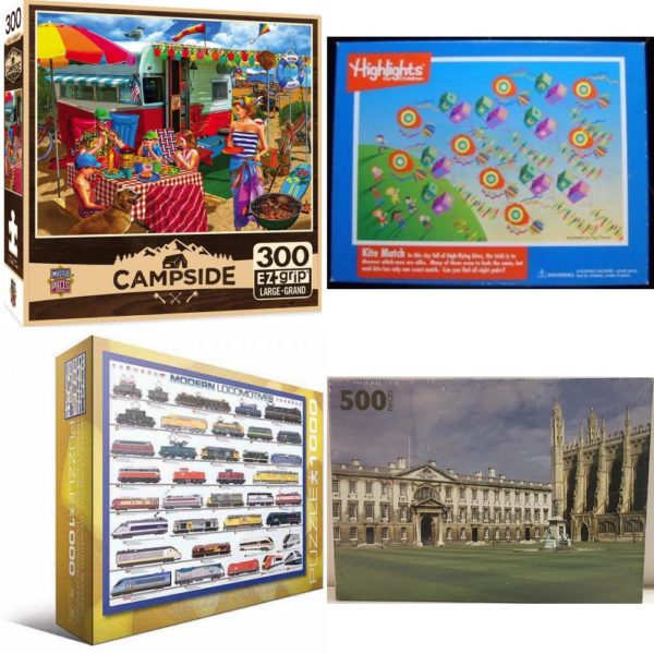 Assorted Puzzles 4 Pack Bundle: MasterPieces Campside - Trip to The Coast 300 Piece EZ Grip Puzzle, Highlights For Children Kite Match 100 Piece Puzzle, Modern Locomotives - 1000 Piece Jigsaw Puzzle by Eurographics, Partida La Montana S/N Beneixida ValenciaSpain 500pc. Puzzle