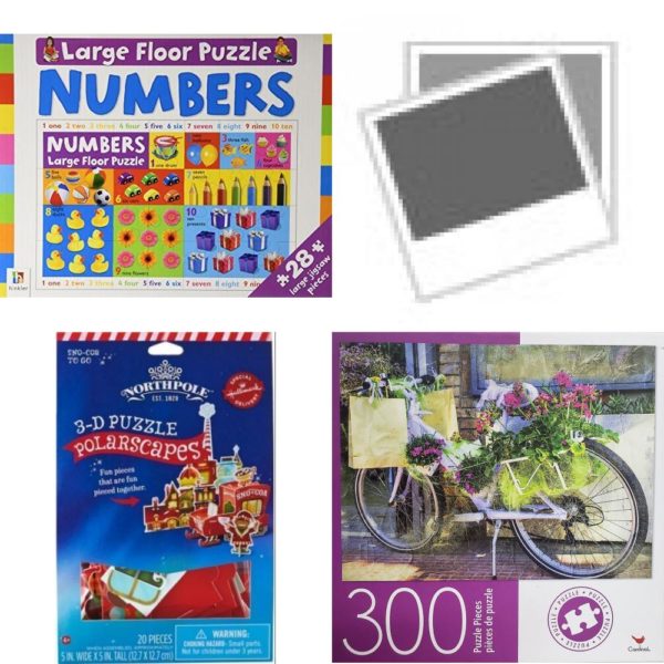 Assorted Puzzles 4 Pack Bundle: Numbers Large Floor Puzzle 28 Piece, Springbok 500 Piece Jigsaw Puzzle BUTTONS Treasures of Steamboat Arabia, Hallmark Northpole PolarScapes 3D Puzzle Sno-Coa To Go, Cardinal Vintage Floral Bike 300 Large Pieces Jigsaw Puzzle