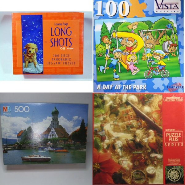 Assorted Puzzles 4 Pack Bundle: Lorena Pugh Long Shots Ruff House 700 Piece Puzzle, Vista Puzzles A Day At the Park 100 Piece Jigsaw Puzzle, Vintage 1990 Milton Bradley Croxley Puzzle 500 Piece Wasserburg, Bodensee, Germany, 500 Piece Hallmark Keepsake Ornament Collection Puzzle by Springbok