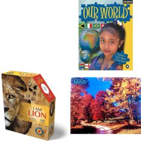 Assorted Puzzles 4 Pack Bundle: GLOW IN THE DARK Moonwalk 1000 Piece Puzzle, Our World Explorasaws 96-Piece Jigsaw with 48-Page Book, Madd Capp Puzzles - I AM Lion - 550 pieces - Animal Shaped Jigsaw Puzzle, Autumn Trail Puzzle - 1000 Pieces