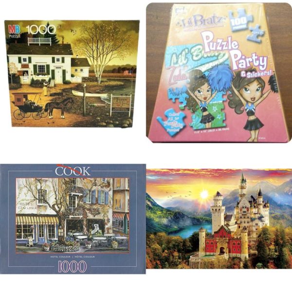 Assorted Puzzles 4 Pack Bundle: Vintage 1991 Milton Bradley Charles Wysocki Americana Birch Point Cove 1000 Piece Jigsaw Puzzle 4679-21, Lil Bratz 100 Piece Puzzle Party & Stickers Zada, Hotel Couleur 1000 Piece Puzzle, Buffalo Games - Aimee Stewart - Castle Dream - 2000 Piece Jigsaw Puzzle