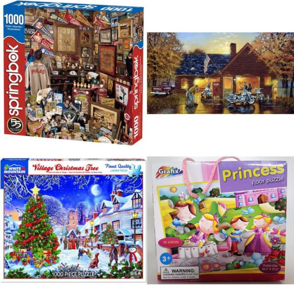 Assorted Puzzles 4 Pack Bundle: Springboks 1000 Piece Jigsaw Puzzle Collectors Closet, David Barnhouse Classics Collection Picture Perfect 1000 Piece Jigsaw Puzzle, White Mountain Puzzles Village Christmas Tree - 1000 Piece Jigsaw Puzzle, Grafix Princess Floor Puzzle 45 Piece Ages 3-6