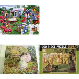 Assorted Puzzles 4 Pack Bundle: Backyard Party 300 Piece Jigsaw Puzzle By SunsOut, Noah & the Ark 63 pc Jigsaw Puzzle, Laurel Ink Fine Art 500 Piece Jigsaw Puzzle: The Pink Parasol By Frederick Carl Frieseke American 1874-1939, 1000 Piece Puzzle Seurat a Sunday on La Grande Jatte