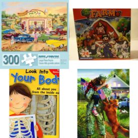 Assorted Puzzles 4 Pack Bundle: Bits and Pieces "The Drive In" 300 Large Piece Jigsaw Puzzle, Old Macs Farm 24 Piece Jigsaw Puzzle, Look Into Your Body All About You From the Inside Out with Floor Puzzle Skeleton, SUNSOUT INC A Warm Welcome Home 300 Piece Jigsaw Puzzle