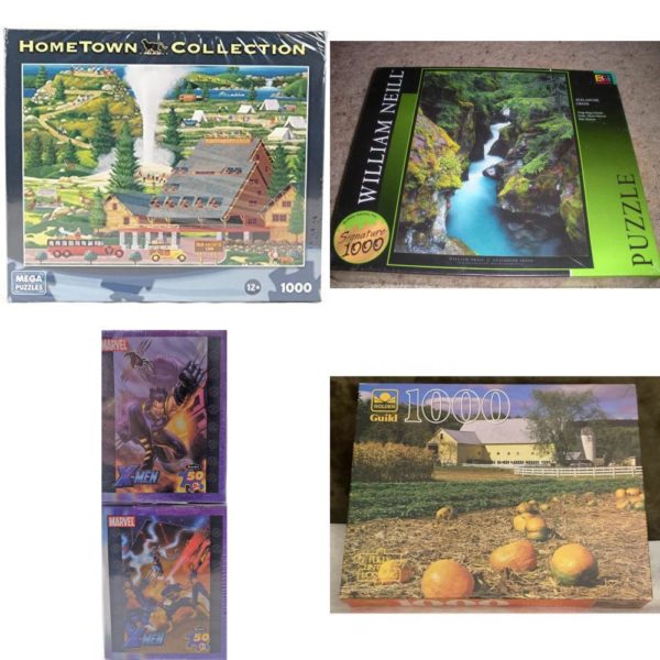Assorted Puzzles 4 Pack Bundle: Mega Puzzles Hometown Collection Old Faithful 1000 Piece Puzzle, William Neill Avalanche Creek, Glacier National Park Montana 1000 Piece Jigsaw Puzzle, Marvel X-Men & Wolverine Mini Puzzles 2 Box Set, Golden Guild Fairlee, Vermont Pumpkin Patch 1000 Piece Jigsaw Puzzle
