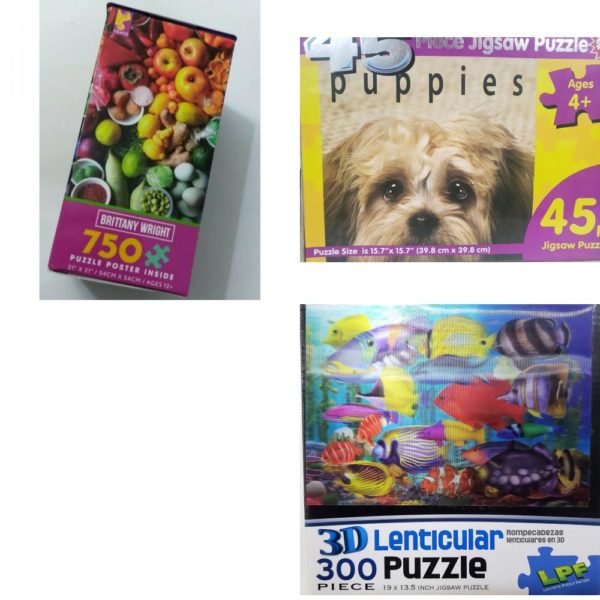 Assorted Puzzles 4 Pack Bundle: Brittany Wright FRUITS AND SPICES 750 Piece Puzzle with Poster 21 x 21, Puppies, 45 Piece Jigsaw Puzzle by Clever Prints, National Geographic Matira Beach, Bora Bora, French Polynesia 1000 Piece Puzzle, LPF 3D Lenticular Puzzle Colorful Reef Fish 300 Piece