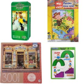 Assorted Puzzles 4 Pack Bundle: Saturday Evening Post - Soda Jerk - 500 Piece Mini Puzzle In Collector Tin, Grafix 3-pack of 30 Piece Puzzles - My First Boys: Building Site, Dinosaurs, & Farm, Artist Guido Borelli - 300-Piece Adult Jigsaw Puzzle - Casa Americana, Puzzle Patch Preschool Frame Tray Puzzle 4 Piece - Up, Down, Over, Under