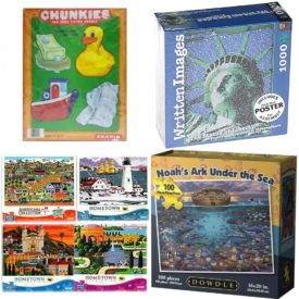 Assorted Puzzles 4 Pack Bundle: Vintage 1984 Sharin Chunkies Tray Puzzle Things For My Bath 4pc Ages 1-1/2 to 4, Written Images: The Statue of Liberty From the Declaration of Independence 1000 by Don Scott, Americana Collection Noahs Pumpkin Farm 500 Piece Puzzle, Dowdle Jigsaw Puzzle - Noahs Ark Under The Sea - 100 Piece
