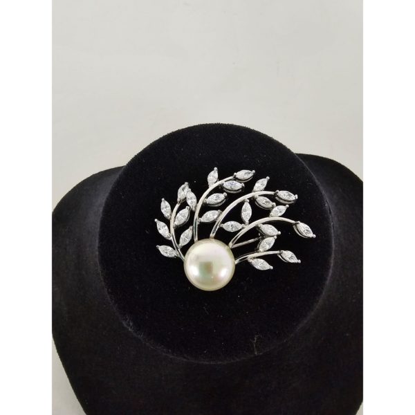 Vintage MJ 925 Sterling Silver Crystal Rhinestone Spray & Pearl Brooch