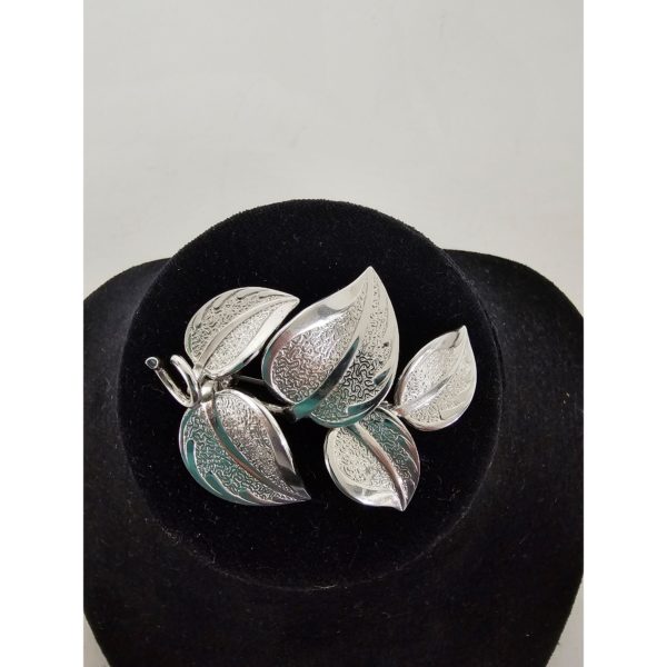 Vintage Silver Tone Five Textured Leaf Vine Pin Brooch