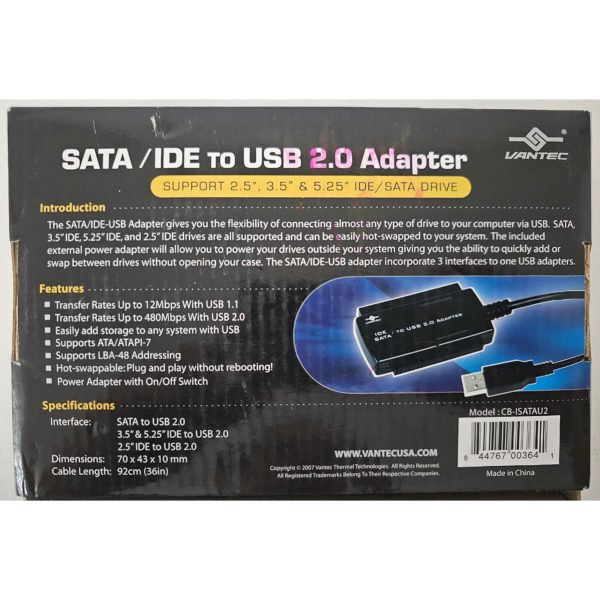 Vantec CB-ISATAU2 SATA/IDE to USB 2.0 Adapter Supports 2.5-Inch, 3.5-Inch, 5.25-Inch Hard Disk Drives (Black)
