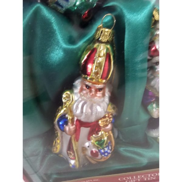 The Brass Key Christmas Treasures Santa Around The World Hand Blown Glass Santa Ornaments Collector Tin