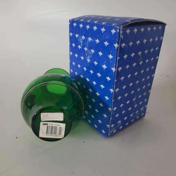Vintage Tati Green Glass Vase – Hand-Painted Floral Design - NOS in Box