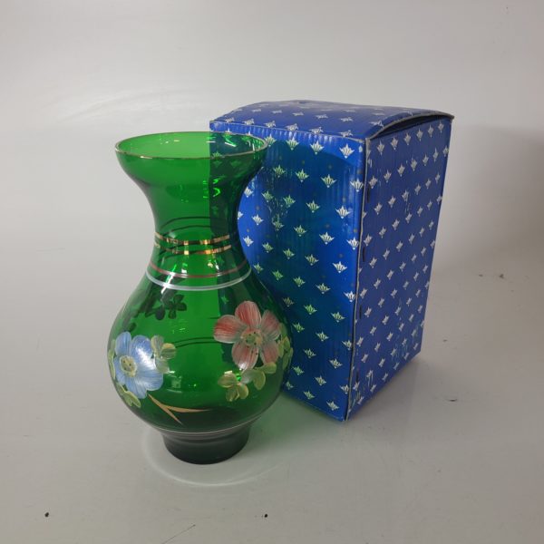 Vintage Tati Green Glass Vase – Hand-Painted Floral Design - NOS in Box