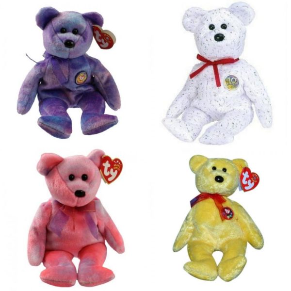 Assorted Ty Beanie Baby 4 Pack Bundle: TY Beanie Baby - CLUBBY 4 the Bear Rainbow Button 8.5 inch TY Beanie Baby - DECADE the Bear White Version 8.5 inch TY Beanie Baby - CLUBBY 5 the Pink Bear 8.5 inch TY Beanie Baby - TRADEE the e-Bear Internet Exclusive 8.5 inch