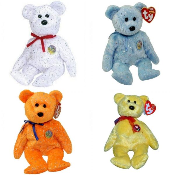 Assorted Ty Beanie Baby 4 Pack Bundle: TY Beanie Baby - DECADE the Bear White Version 8.5 inch TY Beanie Baby - DECADE the Bear Light Blue Version 8.5 inch Ty Beanie Babies - Decade The Orange 10 Years Bear TY Beanie Baby - TRADEE the e-Bear Internet Exclusive 8.5 inch