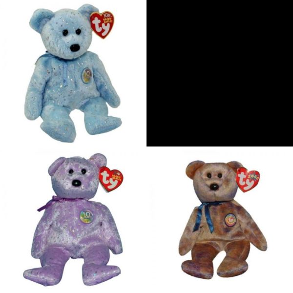 Assorted Ty Beanie Baby 4 Pack Bundle: TY Beanie Baby - DECADE the Bear Light Blue Version 8.5 inch Boyds Bear “P.B. Punkin Paw" Pumpkin Foot Pad Retired Fall Holiday 8 Inch TY Beanie Baby - DECADE the Bear Purple Version 8.5 inch TY Beanie Baby - CLUBBY 3 the Bear 8.5 inch