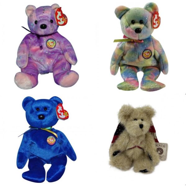 Assorted Ty Beanie Baby 4 Pack Bundle: TY Beanie Baby - CLUBBY 6 the Bear Purple Version 7 inch TY Beanie Baby - CLUBBY 6 the Bear Rainbow Version 8.5 inch TY Beanie Baby - CLUBBY 1 the Royal Blue Bear 8.5 inch Boyds Bear "Yankee Doodle" Patriotic USA Flag Angel Bear Ornament 6 Inch Plush #562469