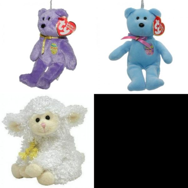 Assorted Ty Beanie Baby 4 Pack Bundle: Ty Basket Beanie: Eggs III The Bear 4 Inch Ty Basket Beanie: Candies The Bear 4 Inch Ty Basket Beanie: Floxy the Lamb 4 Inch Ty Basket Beanie: Grace the Bunny 4 Inch