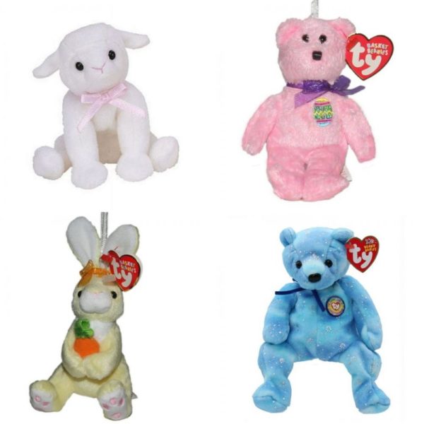 Assorted Ty Beanie Baby 4 Pack Bundle: Ty Basket Beanie: LULLABY the Lamb 4 Inch Ty Basket Beanie: Eggs The Bear 4 Inch Ty Basket Beanie: Nibbles the Bunny 5 Inch TY Beanie Baby - CLUBBY 6 the Bear Blue Version 8 inch