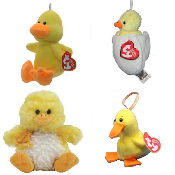 Assorted Ty Beanie Baby 4 Pack Bundle: Ty Basket Beanie: Duckling the Duck 4 Inch Ty Basket Beanie: Eggbert The Chick 4 Inch Ty Basket Beanie: Coop The Chick 4 Inch Ty Jingle: Quackers the Duck 4 Inch