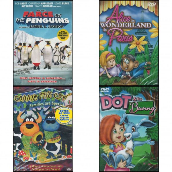 DVD Children's Movies 4 Pack Fun Gift Bundle: Farce of the Penguins  Alice in Wonderland in Paris  Connie the Cow - Families are Special   Dot & the Bunny