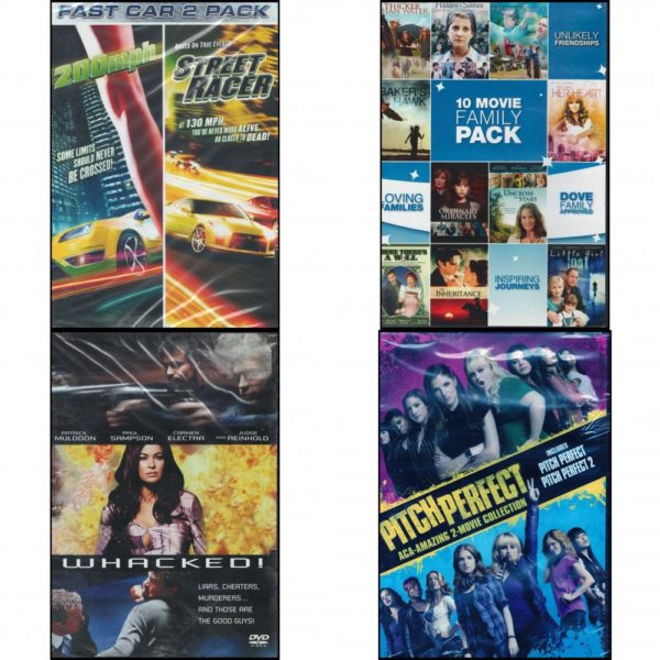 DVD Assorted Multi-Feature Movies 4 Pack Fun Gift Bundle: Fast Car 2 Pack: 200mph & Street Racer  10 Movie Family Pack  Whacked  Pitch Perfect Aca-Amazing 2-Movie Collection