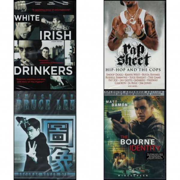 DVD Assorted Movies 4 Pack Fun Gift Bundle: White Irish Drinkers  Rap Sheet: Hip Hop and the Cops  Image of Bruce Lee: Legends Never Die  The Bourne Identity