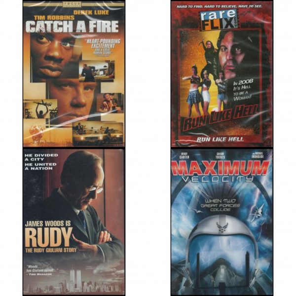 DVD Assorted Movies 4 Pack Fun Gift Bundle: Catch a Fire  Run Like Hell: In 2008 It's Hell To Be A Woman!  Rudy - The Rudy Giuliani Story  Maximum Velocity