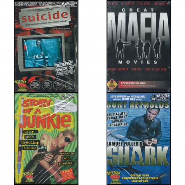 DVD Assorted Movies 4 Pack Fun Gift Bundle: Suicide: A Bit More permanent Than online Dating   Great Mafia Movies Family Enforcer / Mob War / Port of New York   Story of A Junkie  Samuel Fuller's Shark: Special 35th Anniversary Collector's Edition