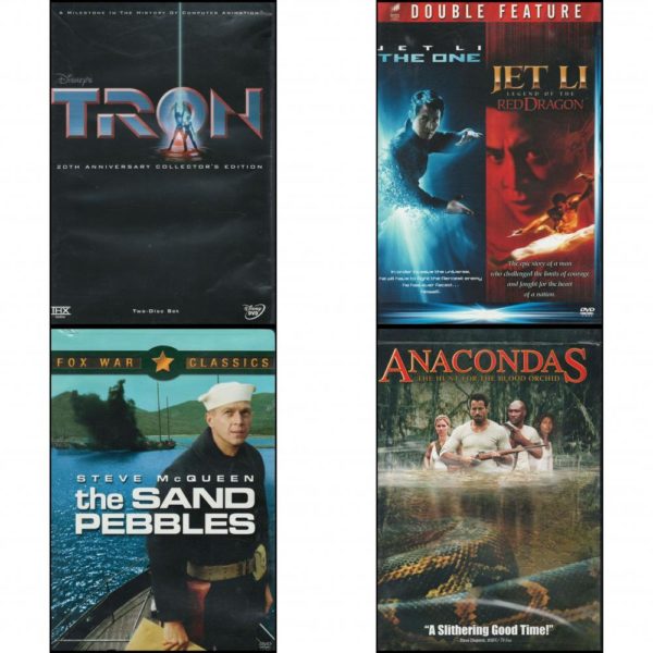 DVD Assorted Movies 4 Pack Fun Gift Bundle: Disney's TRON: 20th Anniversary Collector's Edition  Jet Li: The One / Legend of the Red Dragon Double Feature  The Sand Pebbles  Anacondas - The Hunt for the Blood Orchid