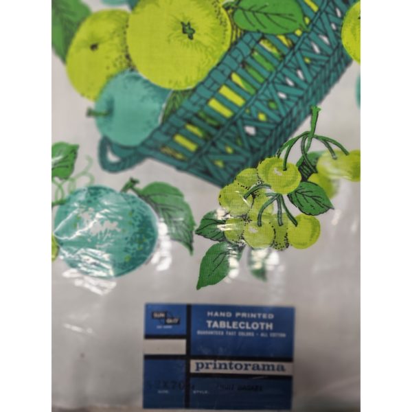 Vintage 1950's Sun Glo Fruit Basket Cotton Tablecloth 52 x 70 Greens & White